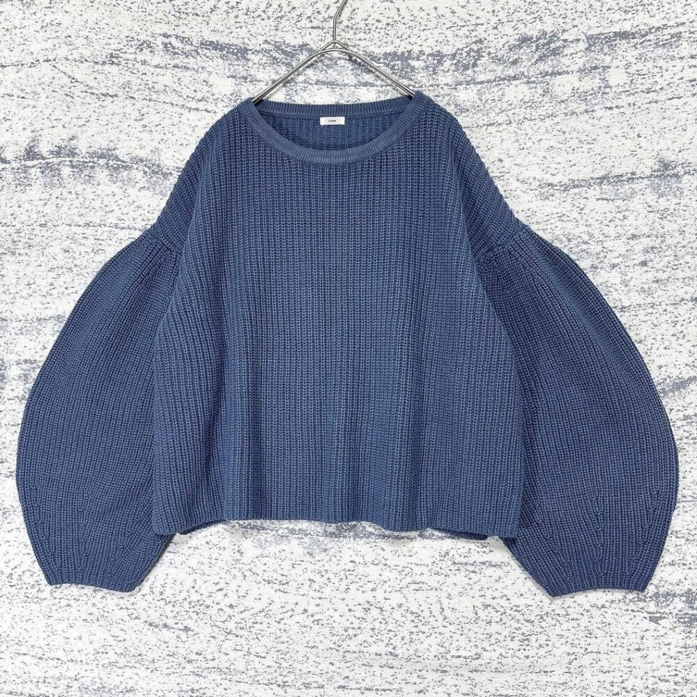 Imag Sweater Chunky Knit Volume Sleeve Crew Neck Blue